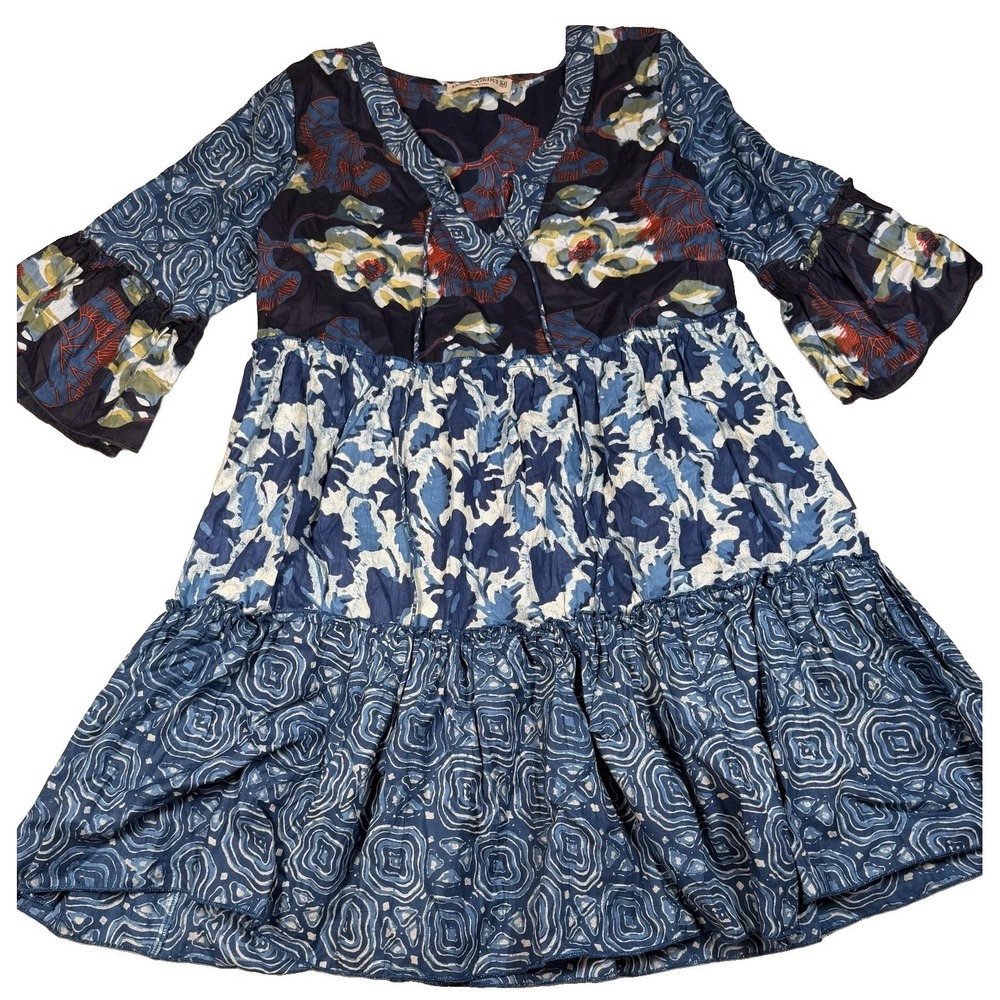 100% Cotton Dress Addict Womens M Blue Floral Bell Sleeve Boho Swing Short Dress